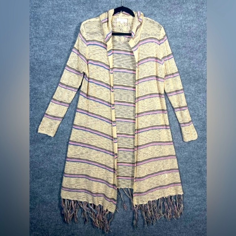 Umgee Womens 1XL Crochet‎ Knit Fringe Hooded Long Duster Open Front Boho Sweater